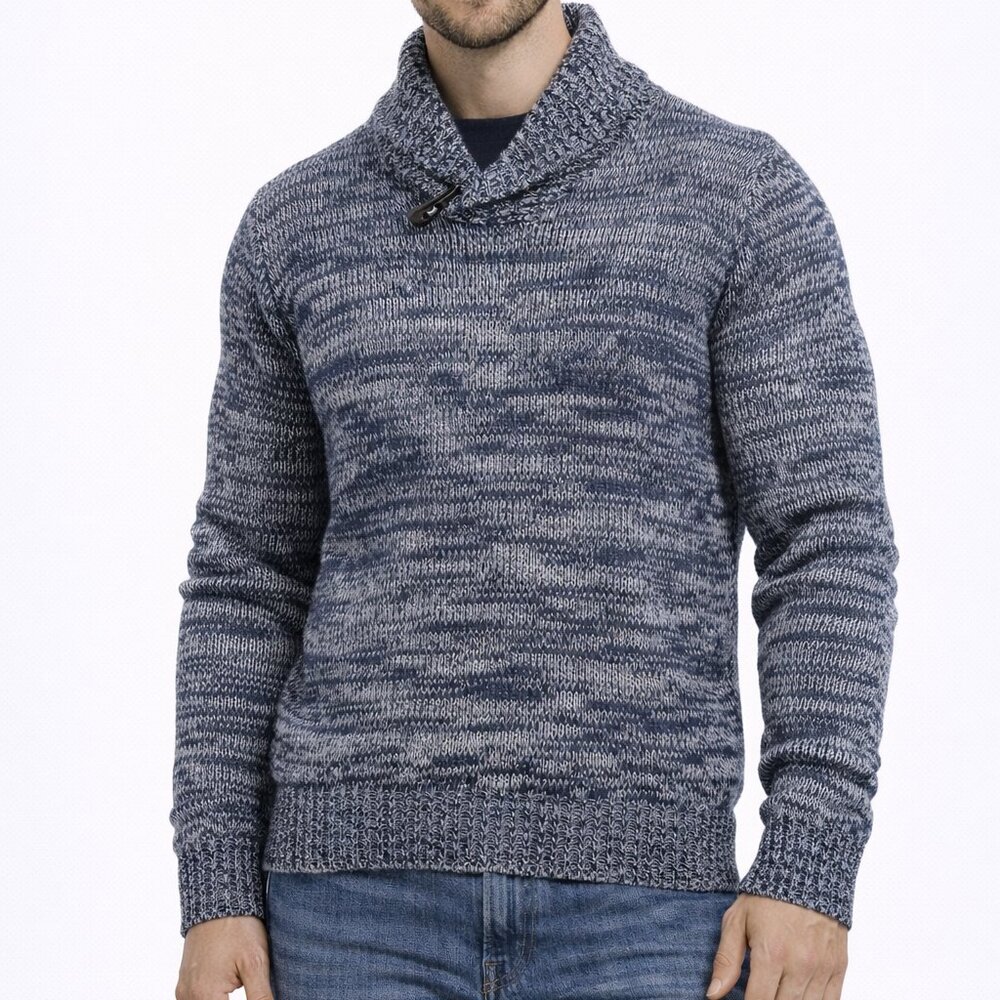 YOKI Mens Shawl Collar Toggle Knit Sweater Blue Marled Cotton Blend Large Winter